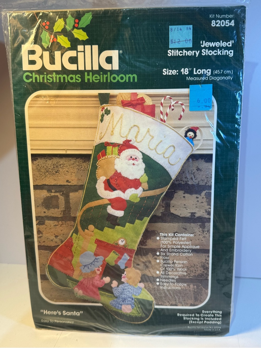 Bucilla Christmas heirloom “here’s Santa” jeweled 18” long stitchery stocking